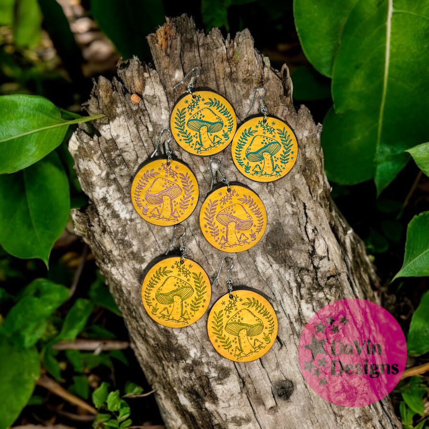 Round Wooden Mushroom Earrings