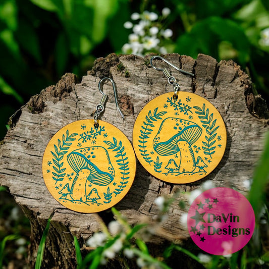 Round Wooden Mushroom Earrings