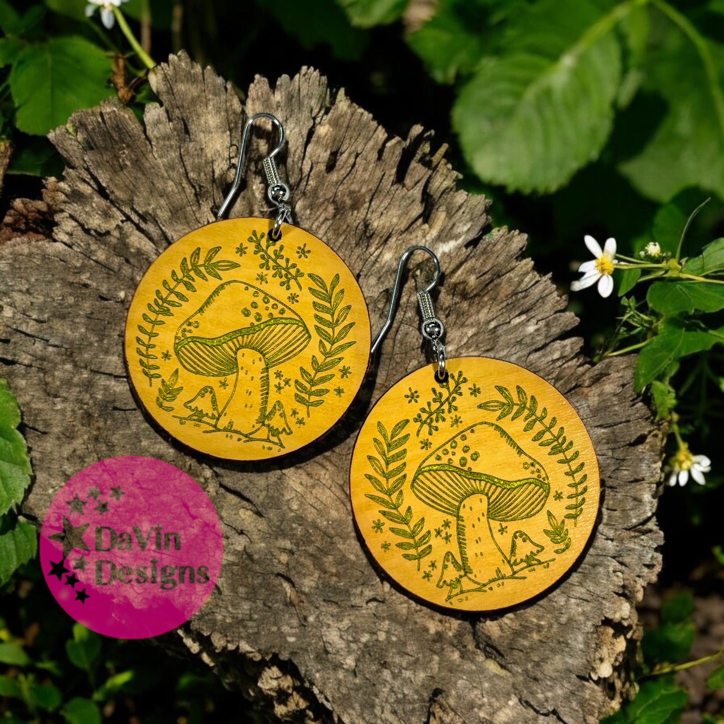 Round Wooden Mushroom Earrings