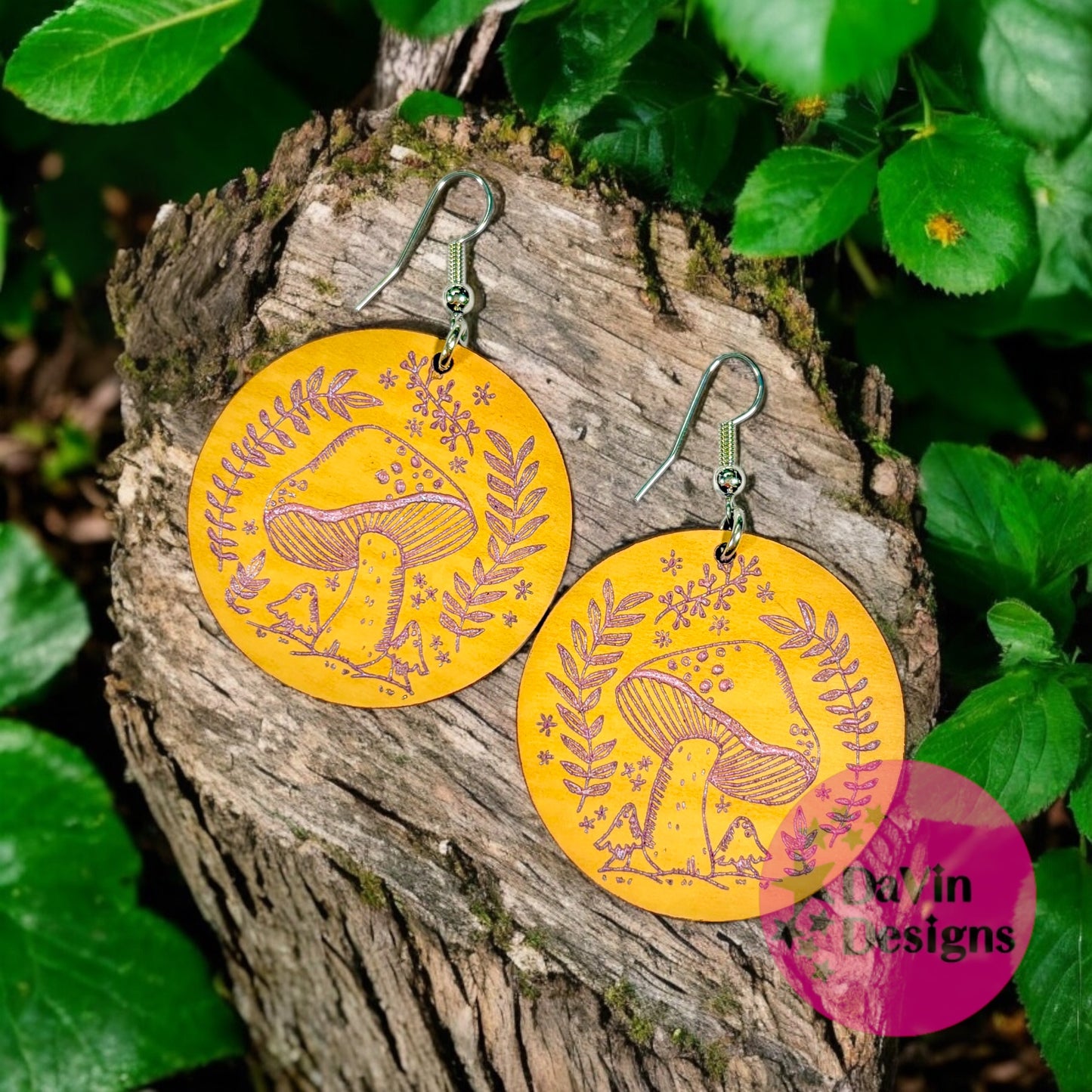 Round Wooden Mushroom Earrings